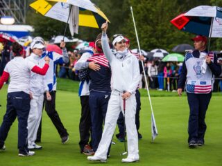 Sandra Gal right thanks the gallery on the 18th Solheim Cup 2015 1MG -