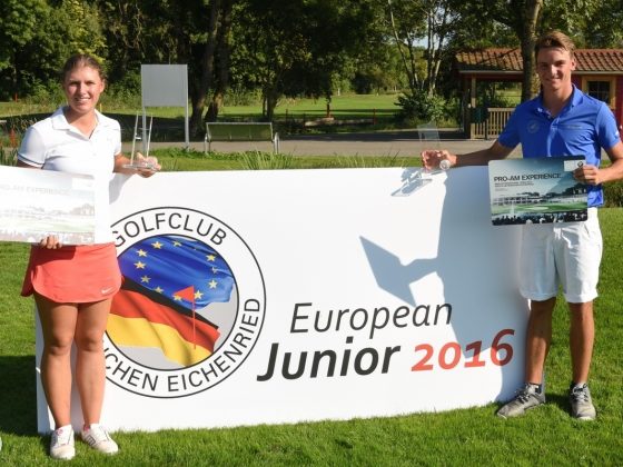 Pilar von Heynitz und Florian Horder sind die Sieger des 1. European Junior-Turniers im Golfclub München Eichenried. Neben dem Pokal gewannen die beiden einen Platz beim ProAm der BMW International Open 2017 im Golfclub München Eichenried.