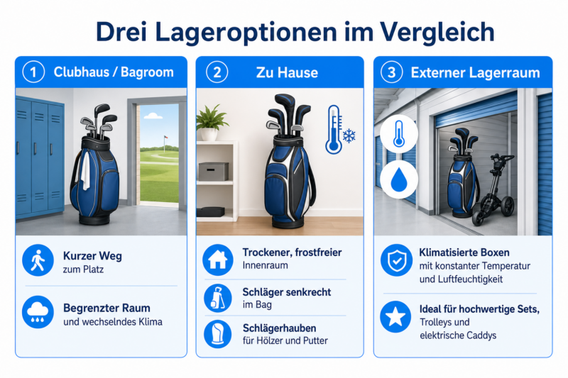Golfausrüstung richtig lagern: So bleiben Schläger, Bag und Bekleidung saisonübergreifend in Topform Infografik: Drei Lageroptionen im Vergleich